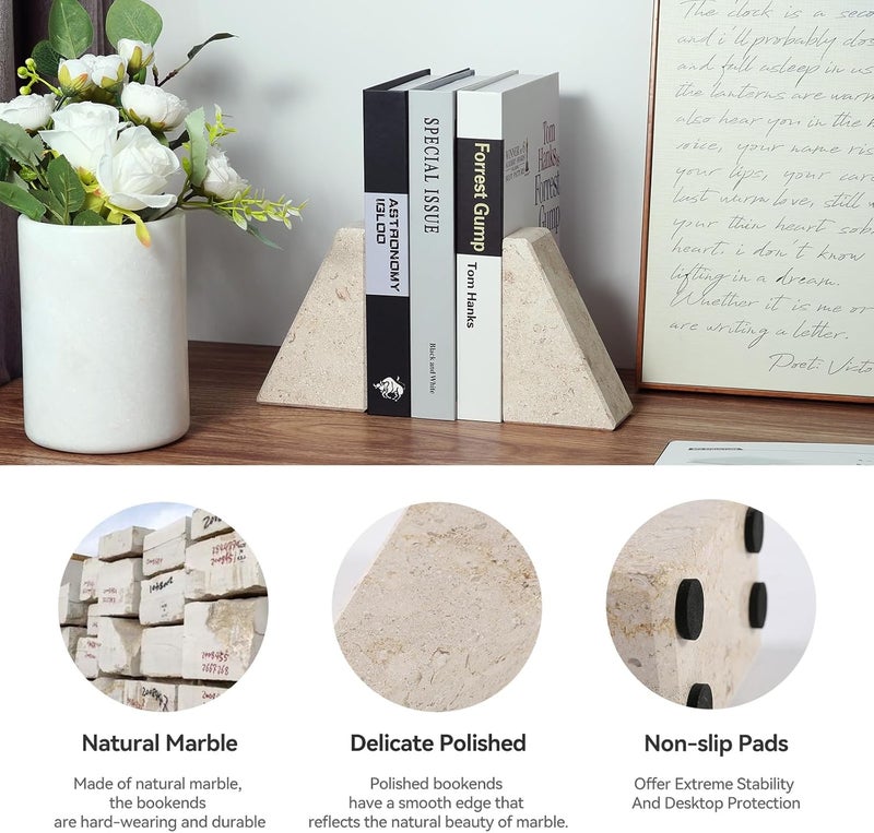 karibiber Marble Bookends for Heavy Books, Decorative Book Ends for Shelves, Beige Stone Durable and Heavy-Duty Book Ends for Hardback Books & CDS, Unique Book Stopper & Holder, Set of 2 - Image 2